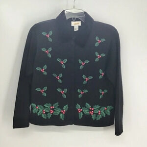 Talbots Women’s Vintage Holiday Embroidered Holly 100% Wool Sweater Size Small